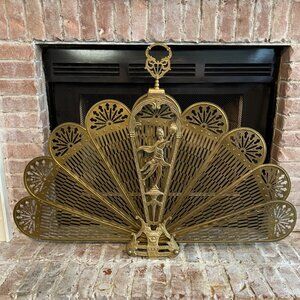 XL Vintage Art Deco Fireplace Screen Brass Ornate Peacock Folding Fan Rare 47" W